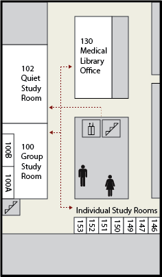 Floor map showing the location of the Medical Library office and study rooms.  To reach the Medical Library office, turn left out of the stairs or elevator, then turn right down the next hallway.  The Medical Library Office will be the first door on the right.