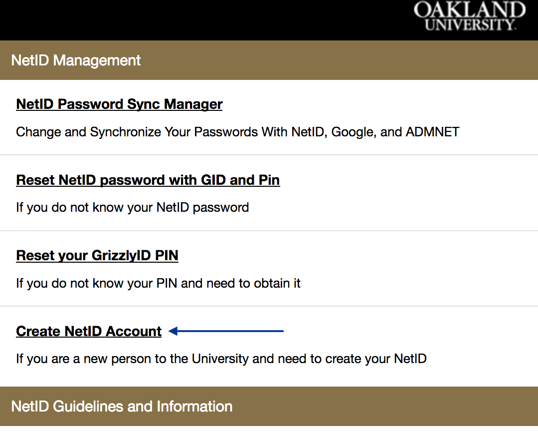 Screenshot of netid.oakland.edu with an arrow pointing to the "Create NetID Account" link