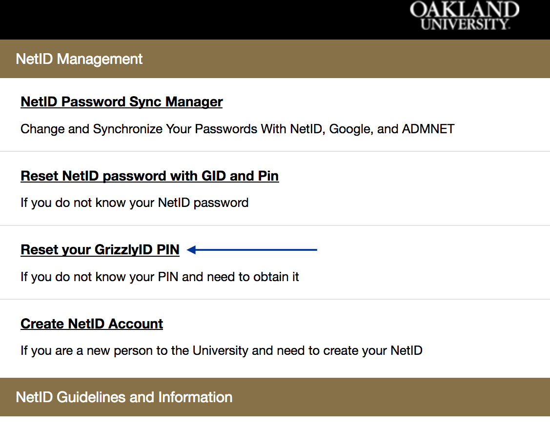 Screenshot of netid.oakland.edu with an arrow pointing to the "Reset your GrizzlyID Pin" link